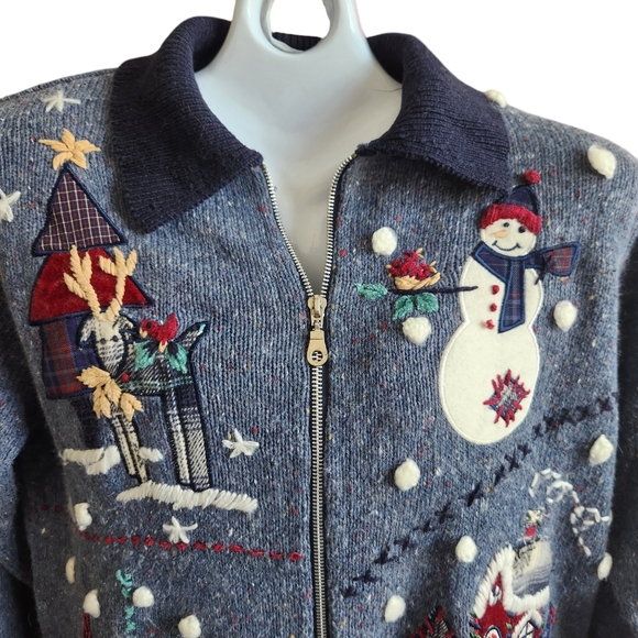 VTG Festive BP Design Embroidered Patchwork Blue Heather Zip Christmas Sweater M - Picture 5 of 15